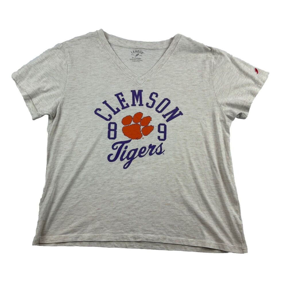 Clemson Tigers V Neck T Shirt Womens XL Beige Cream Short Sleeve League